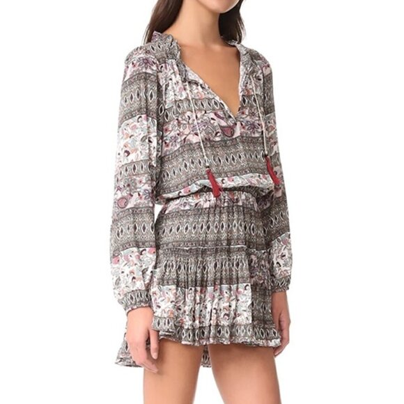 MISA Los Angeles Tassel Tie Long Sleeve Pleated Boho Lorena Mini Dress - Picture 1 of 7